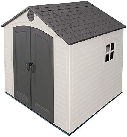 Putty and brown resin shed with window
