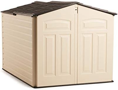 Beige and brown slide lid outdoor shed