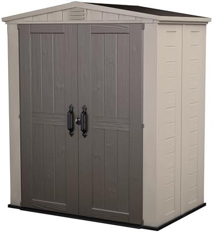 Factor taupe and brown storage shed