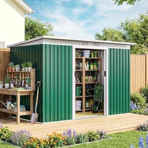 Green metal nine foot lean to shed