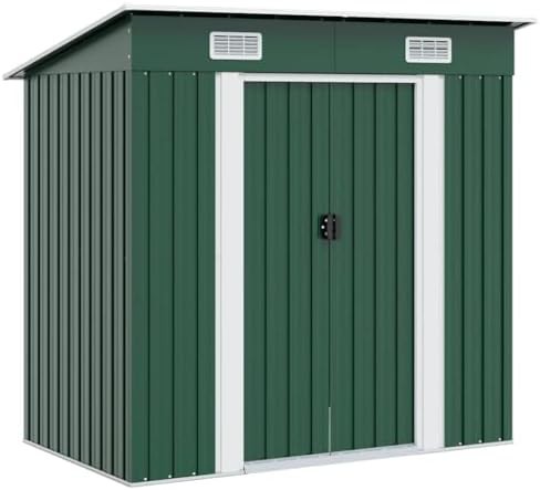 Green metal backyard bicycle storage shed