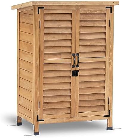 Small yellow wood storage cabinet with shelf