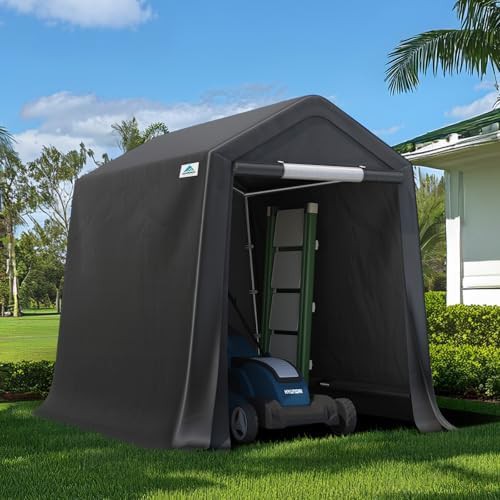 Gray portable storage shelter for motorcycle garage