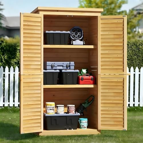 Natural wood garden tool storage cabinet
