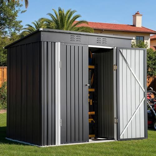 Dark gray metal outdoor storage shed