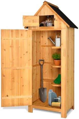 Natural wood garden tool storage cabinet