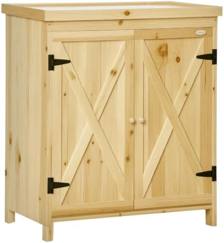 Natural wood garden cabinet with galvanized top
