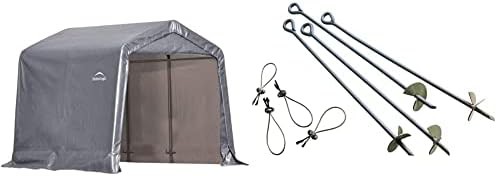 Steel peak roof shed with silver auger anchors