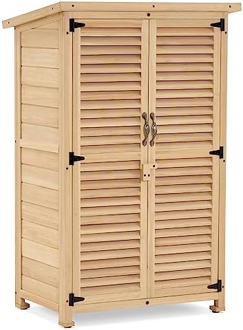 Small natural wood vertical shed with latch
