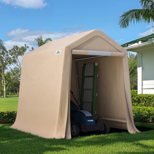 Beige portable storage shelter for motorcycles