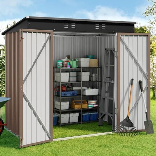 Brown metal garden shed with lockable doors