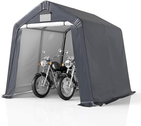 Gray metal bike storage shed with windows