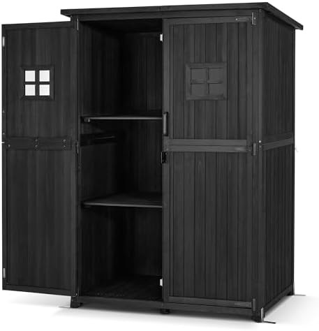 Black lean-to wooden storage shed with shelves