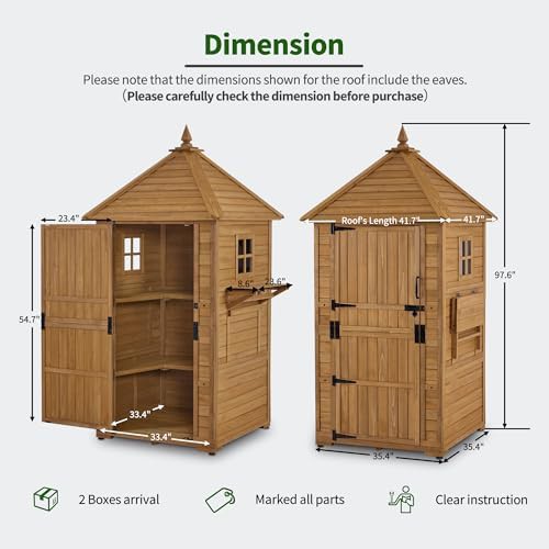 Vertical wood garden shed with foldable tables — photo 3