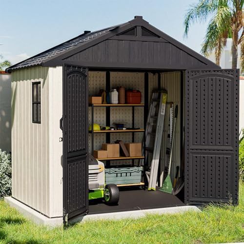 Large beige plastic garden tool shed