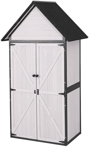 Off-white wooden garden tool storage cabinet