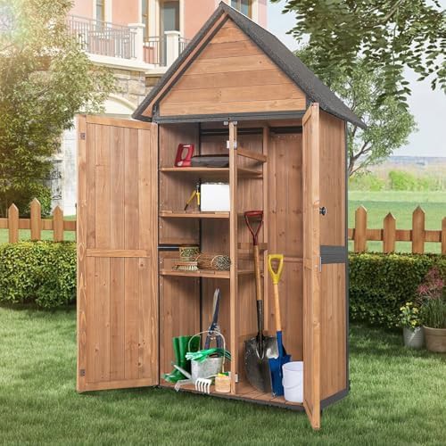 Brown lockable wooden garden tool cabinet