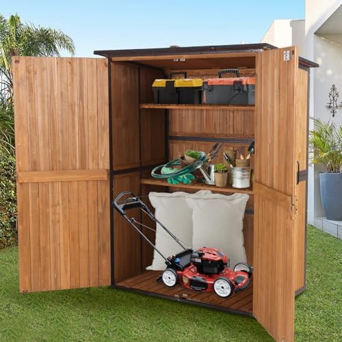 Brown wooden tool house with metal frame