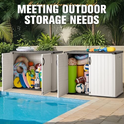 White resin outdoor storage cabinet with lockable doors — photo 3