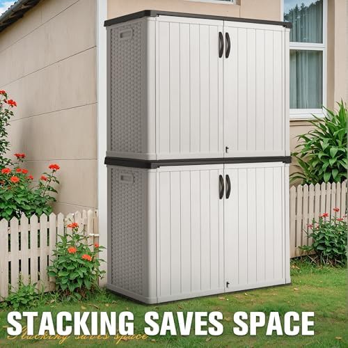 White resin outdoor storage cabinet with lockable doors — photo 5