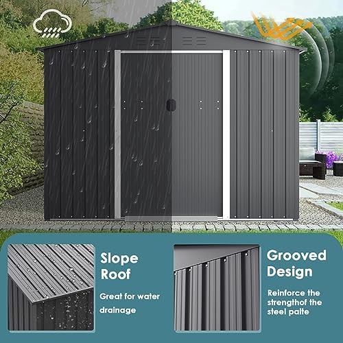 Gray metal garden shed with vented roof — photo 4