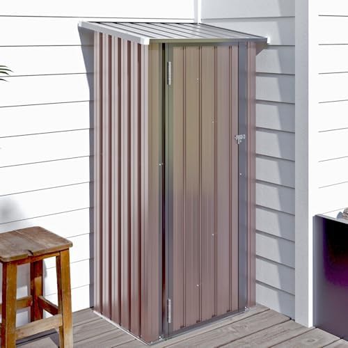 Small brown metal shed with sloped roof