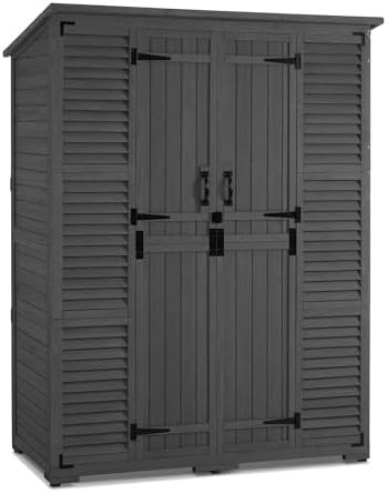 Gray wood garden cabinet with sloped roof