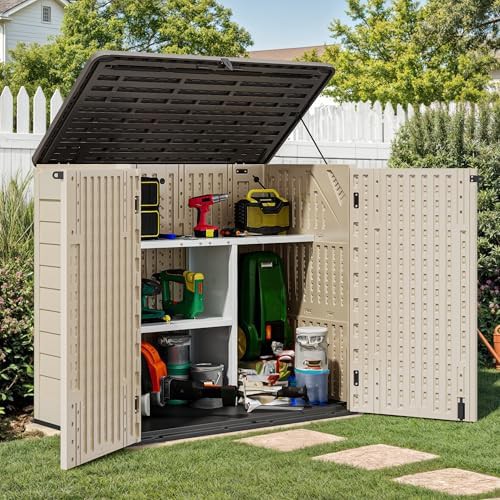 Brown resin horizontal shed with shelf