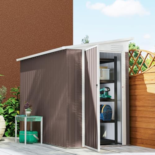 Brown metal lean-to shed with vents