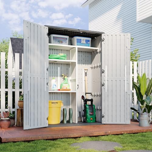 White resin shed with shelving kit