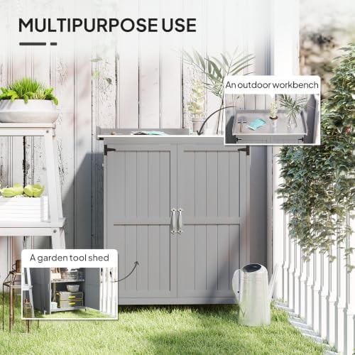 Gray wood storage cabinet with metal tabletop — photo 3