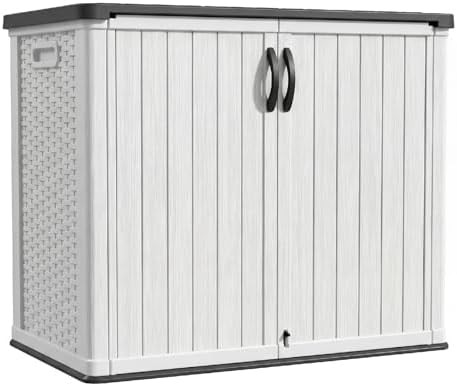 White plastic lockable outdoor storage cabinet