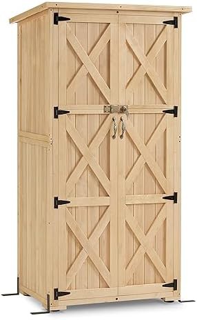 Medium wooden garden tool cabinet with lock