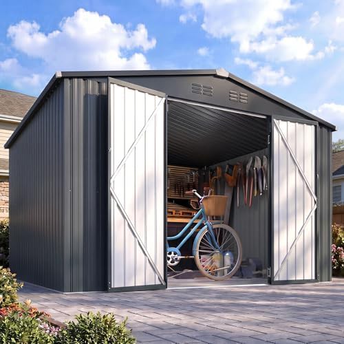 Metal garden tool shed with sloped roof