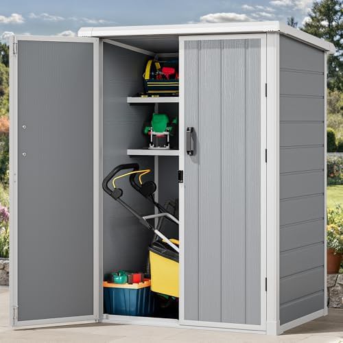 Gray vertical tool storage cabinet with shelves