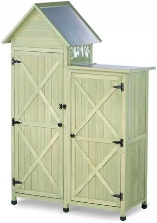 Wide green wood garden storage shed