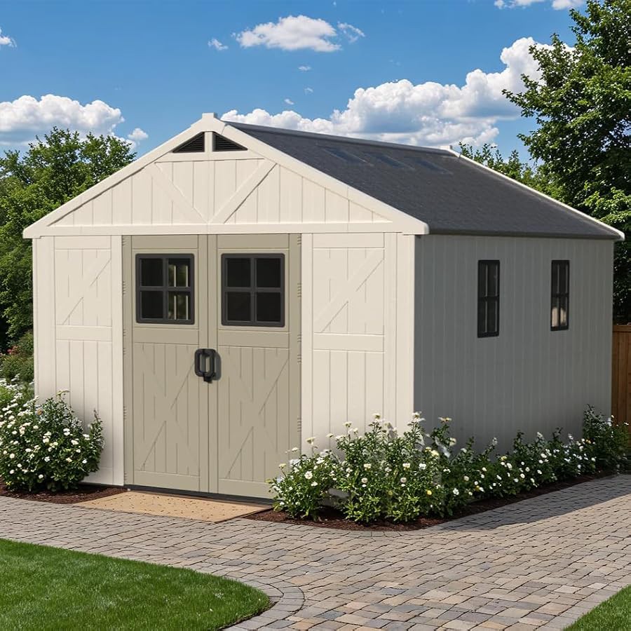 Beige resin peak shed with skylight