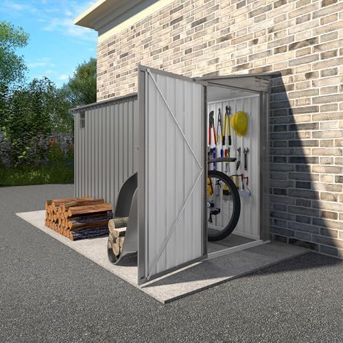 Narrow galvanized steel tool shed