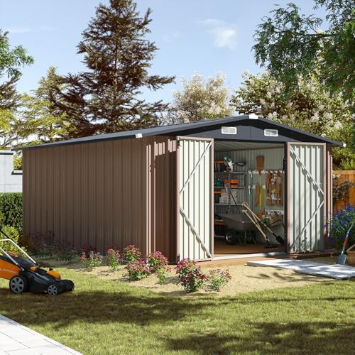 Brown storage shed with double hinged doors