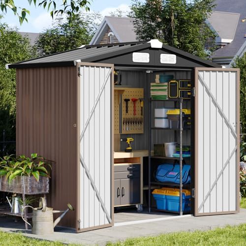 Brown steel storage shed with sloped roof