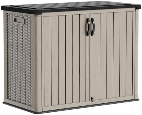 Beige resin outdoor cabinet with shelves