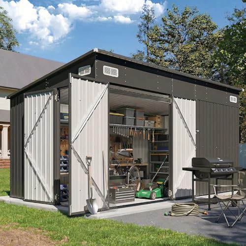 Large vertical storage shed with triple doors