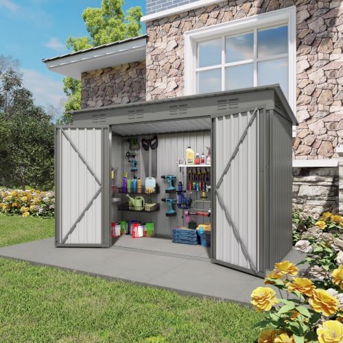 Gray lean-to metal utility tool shed