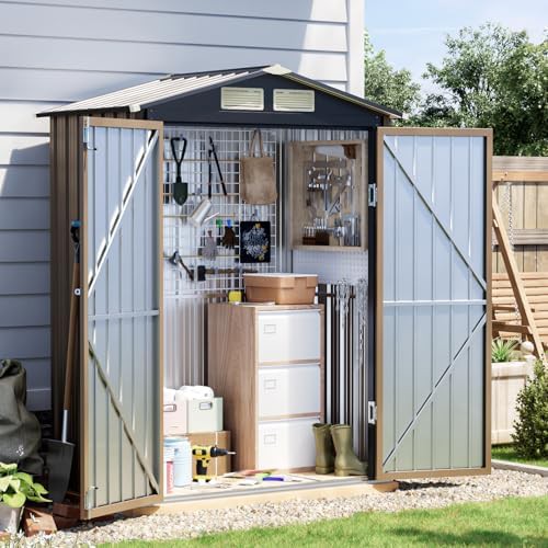Brown metal shed with double doors