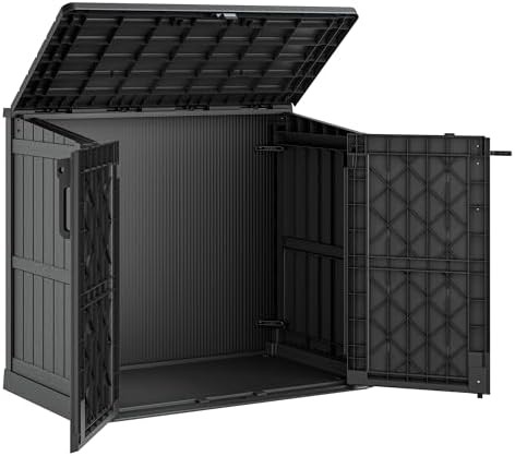 Black resin storage shed with floor panel