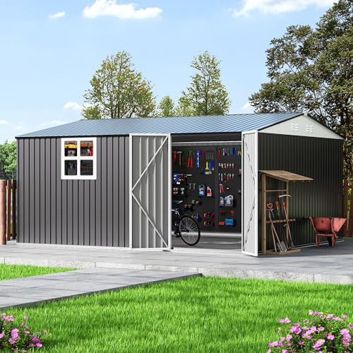 Twelve by fourteen foot black metal shed with window