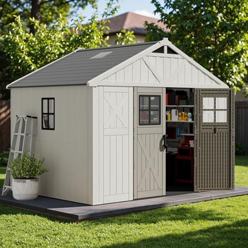 Beige resin outdoor storage shed 10x8 ft