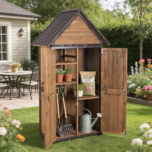 Dark brown lockable wooden tool house