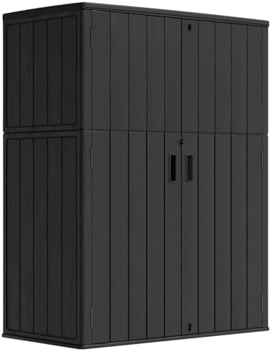 Black vertical resin garden tool shed