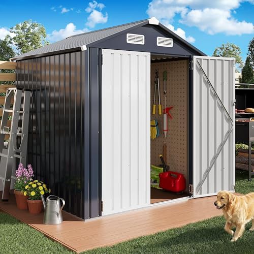 Dark blue metal garden tool shed